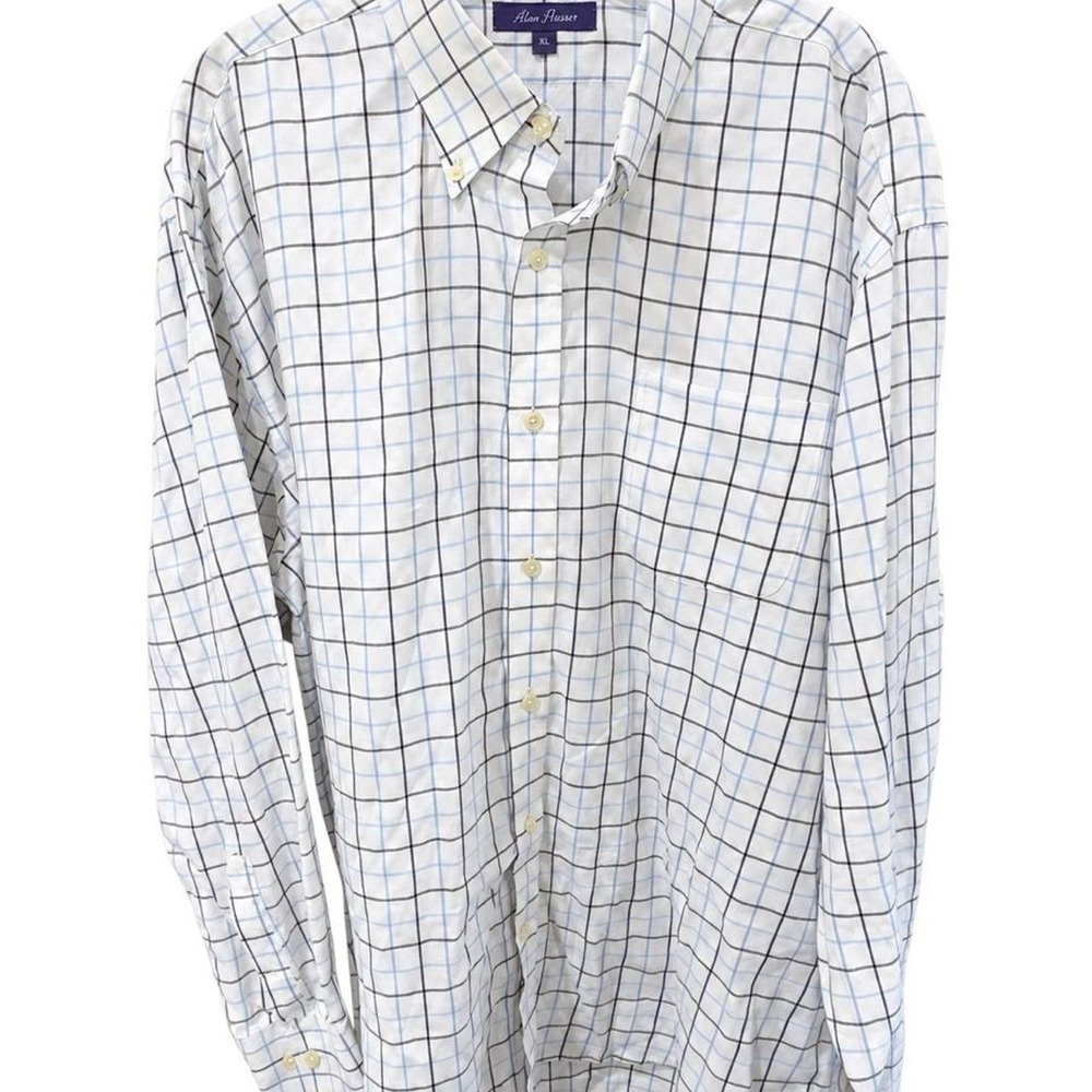 Alan Flusser Windowpane Plaid Button Down Shirt White Blue Mens XL